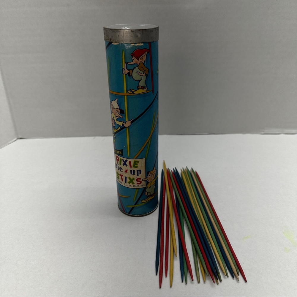Vintage Steven Pixie Pic-Up Stix Game - Original Tin/Canister - Retro 1950s Toy